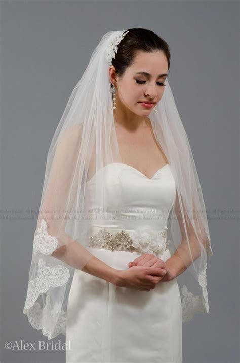 2 Tier Bridal Wedding Veil Elbow Alencon Lace Trim Available In Ivory