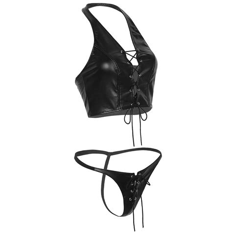 Sexy Lingerie Women Faux Leather Lace Up Bikini Top G String Underwear