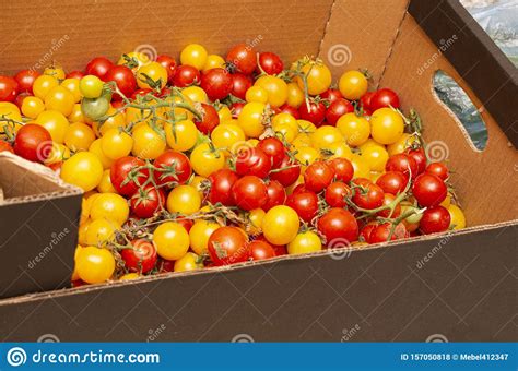 In der nähe des supermarktes ist der bahnhof. Rote Und Gelbe Kirschtomaten Liegen In Einem Karton In Der ...