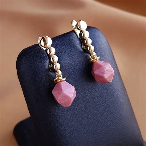Dark Pink Stone Earrings Rhodonite Earrings Gold Elegant Etsy