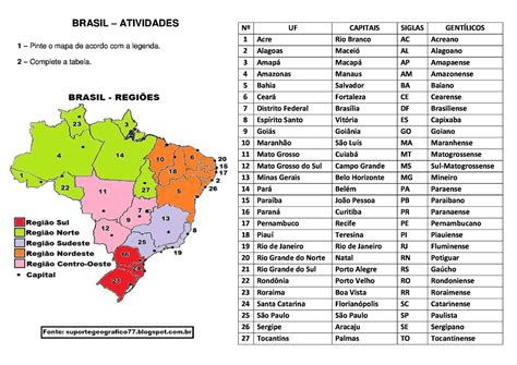 Atividade Com Mapa E Tabela Brasil RegiÕes E Unidades Federativas