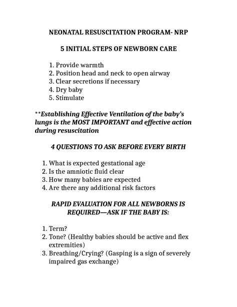 Neonatal Resuscitation Program Nrp 5 Initial Steps Of Newborn Care