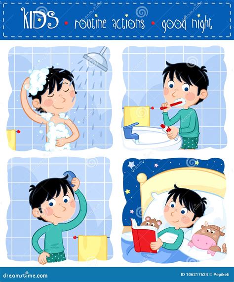 Daily Routine Actions Good Night Little Boy Stock Illustration