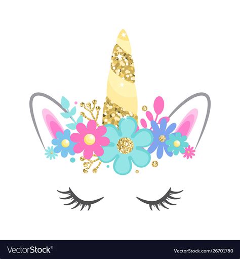Unicorn Face With Closed Eyes And Flowers Vector Image
