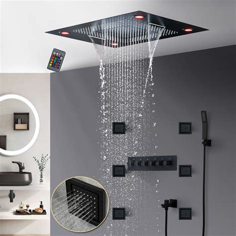 Matt Black Led Recessed Ceiling Shower Faucets Set High Flow Massage