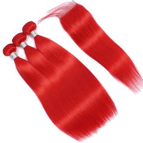 Apus Red Color Straight Ombre Bundles With Closure With Baby Hair