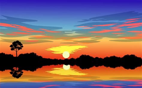 Dramatic Sunset Scene At Lake With Clouds Premium Vector