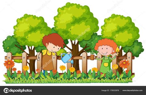 Niños Felices Regando Plantas En El Jardín Vector Gráfico Vectorial