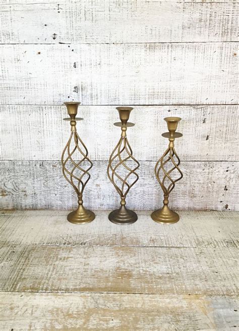 Brass Candlestick Holders Set Of 3 Mid Century Brass Spiral Etsy