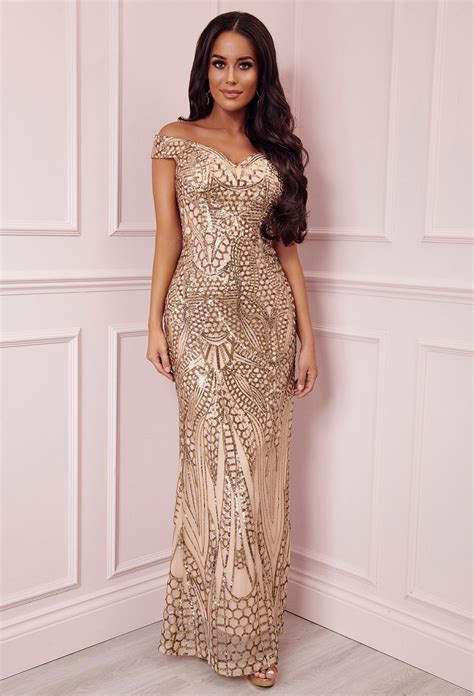 Limited Edition Avella Gold Sequin Bardot Maxi Dress Dresses Women