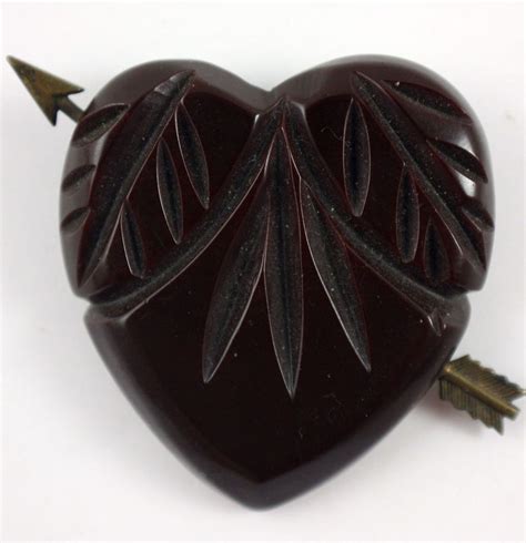 Antique Carved Brown Bakelite Heart With Arrow Brooch 1940s Bakelite