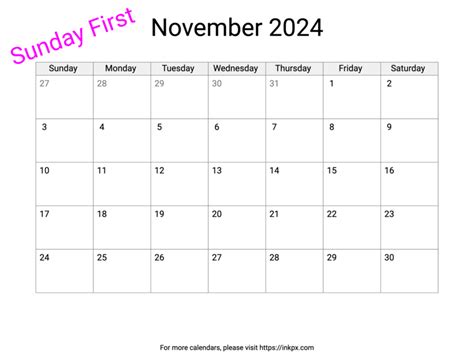 Printable Blank November 2024 Calendar Sunday First · Inkpx