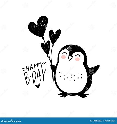 Happy Birthday Greeting Card With Cute Penguin Ballons And Hand Draw