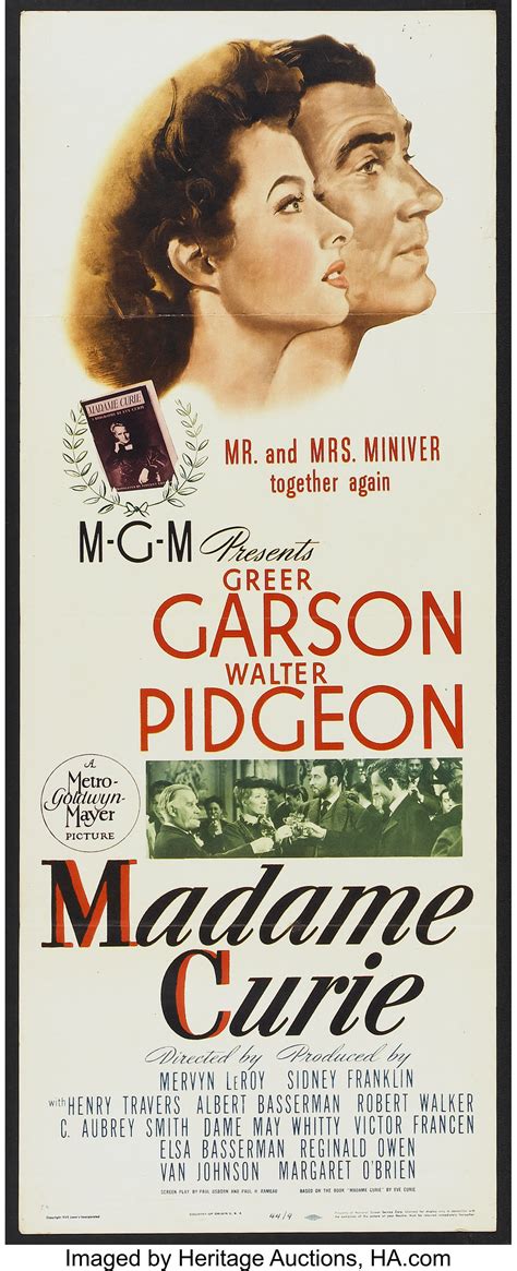 Pierre curie, in whose lab she had worked. Madame Curie (MGM, 1944). Insert (14" X 36"). Drama ...