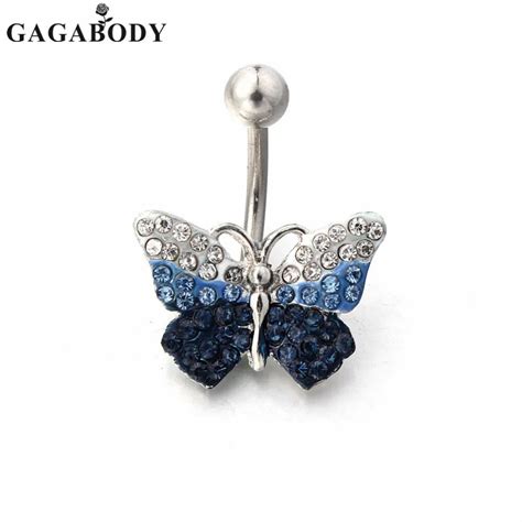 Gaga 316l Surgical Steel Rhinestone Reverse Dangle Belly Button Ring Butterfly Set 14 Gauge14