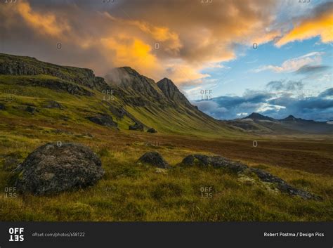 Sunset Over The Mountains Of The Strandir Coast West Fjords Iceland