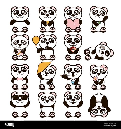 Vector Illustration Set Of Cute Pandas Happy Panda Stickers In Flat
