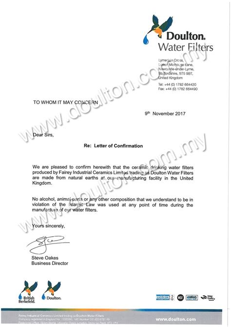 Basic confirmation letters written to confirm the details of a meeting, event, or other arrangements. # Halal friendly Confirmation letter — Doulton Water ...