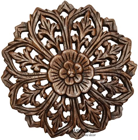 Wood Wall Plaque Round Floral Wood Carved Panel Oriental Home Decor