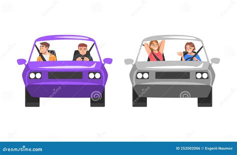 Man And Woman Character Driving Car Sitting On Driver Seat Inside