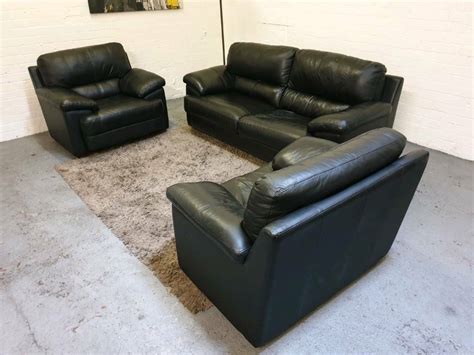 Designer Black Italian Leather 3 Piece Sofa Set In Salford