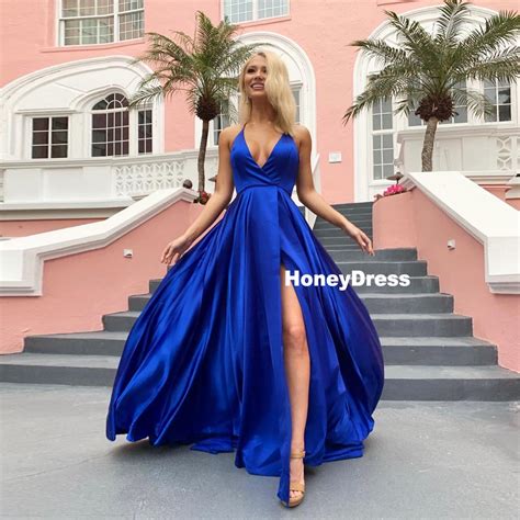 Honey Dress — Royal Blue V Neck Side Slit Long Prom Dress Spaghetti