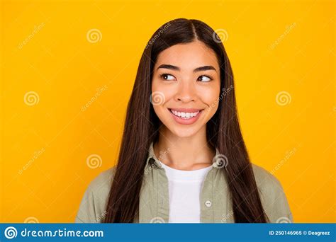 Photo Of Positive Pretty Minded Girl Beaming Smile Look Empty Space