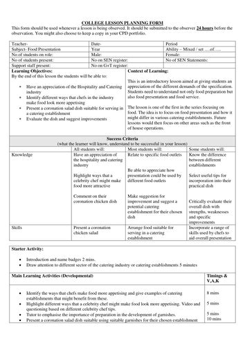 Gcse Food And Nutrition Lesson Plan For Food Presentation Teaching