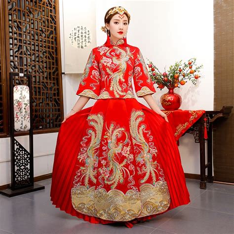 Red Qipao Women Bride Traditional Wedding Gown 2018 New Chinese Phoenix