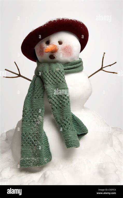 Close Up Of A Surprised Snowman With Twig Arms Out Stock Photo Alamy