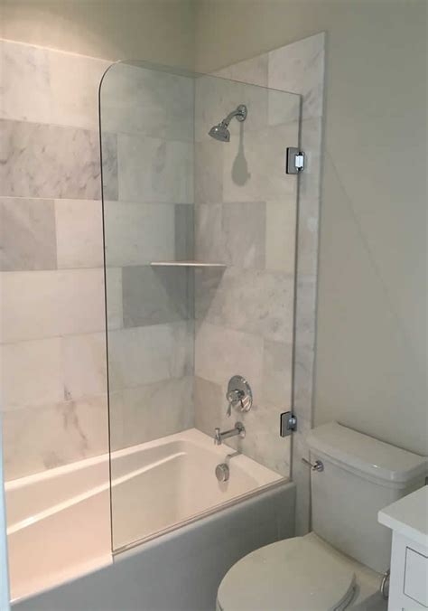 Mecor shower door, 55x31 glass enclosure hinged bathtub door frameless 1/4 clear glass over 180° pivot radius chrome finish. Frameless Shower Doors, River Glass Designs, MD, DC, VA