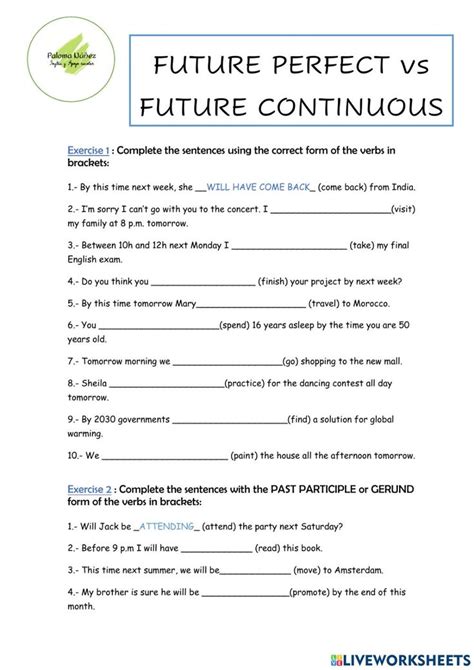 Lesson 56 Future Perfect Vs Future Continuous Worksheet In 2023