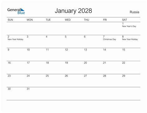 Printable January 2028 Monthly Calendar With Holidays For Russia