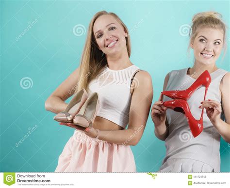 Women Presenting High Heels Shoes Stock Photo Image Of Pink Model