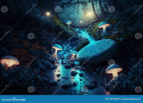 A Magic Forest With Bioluminescent Mushrooms And Crystals Stock