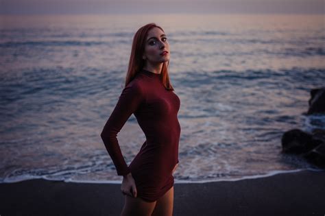 Wallpaper Women Redhead Model Portrait Sunset Sea Sand Photography Beach Dress Coast