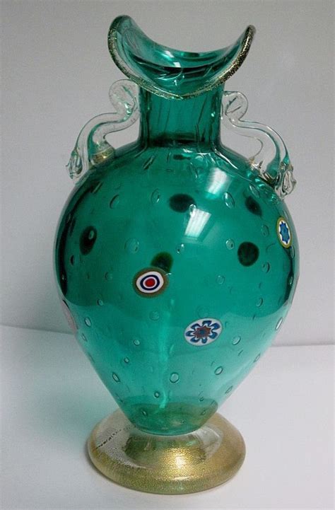Vintage Murano Blue Green Gold Millefiori Flowers Art Glass Vase Murano Glass Flower Art Glass