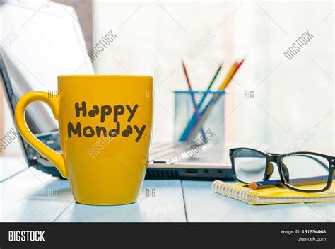 Happy Monday Motivational Text On Yellow Morning Coffee Cup Near