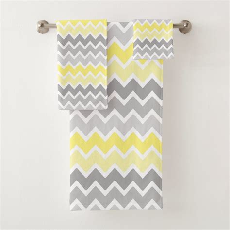 Yellow Grey Gray Ombre Fade Chevron Zigzag Pattern Bath Towel Set