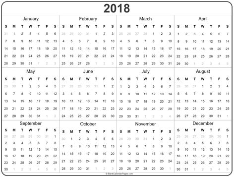 2018 Year Calendar Yearly Printable