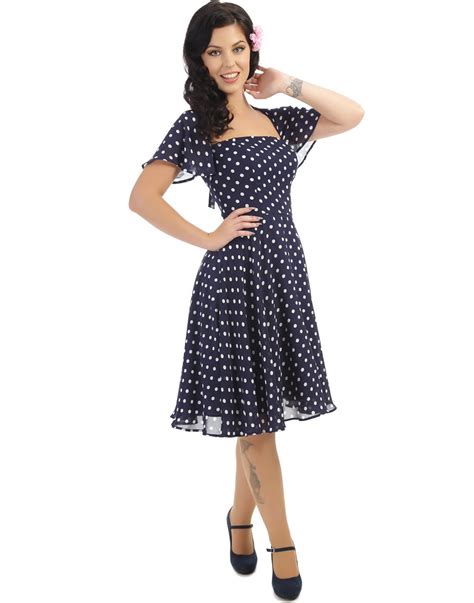 Collectif Vintage Juliet Retro S Polka Dot Swing Dress Navy