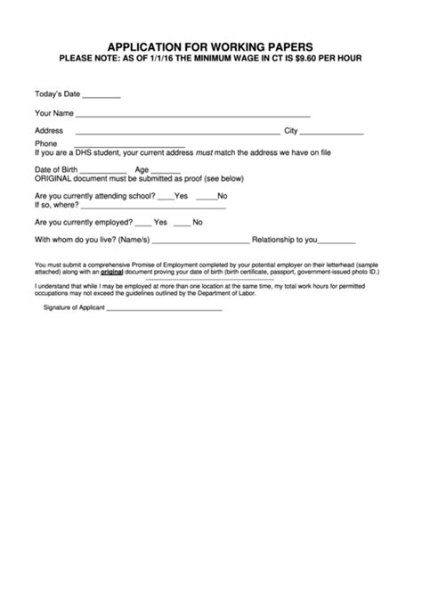 Application For Working Papers Printable Pdf Download