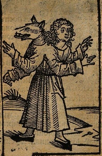 Creature With Two Heads One Of A Wolf The Other Human Woodcut C
