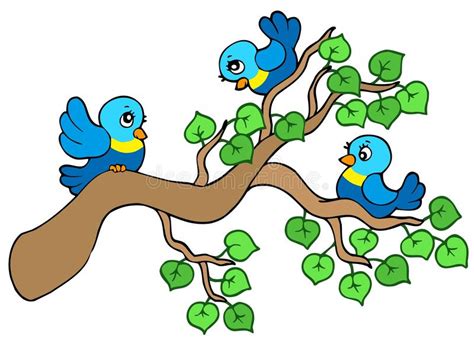 Three Small Birds Sitting On Branch Stock Vector Illustration Of