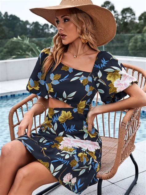 Shein Vcay Floral Print Cut Out Puff Sleeve Ruffle Hem Dress Shein Usa