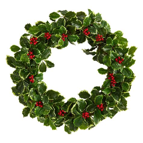 22 Variegated Holly Leaf With Berries Artificial Christmas Wreath
