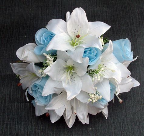 Artificial Light Blue And White Rose Lily Bridesmaid Bouquet White