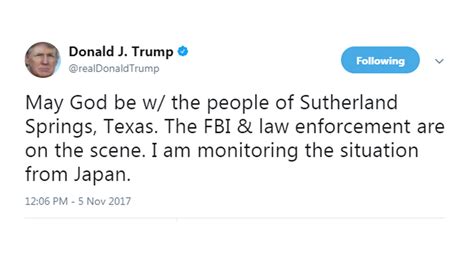President Donald Trump tweets about Texas church shooting: 'May God be 