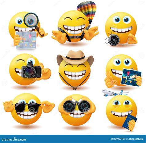Emoji Travel Smiley Vector Set Emoticon Travelling Characters With Map