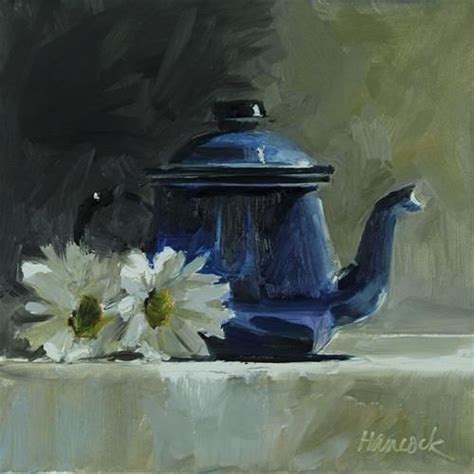 Daily Paintworks Blue Metal Teapot With Two Mums Original Fine